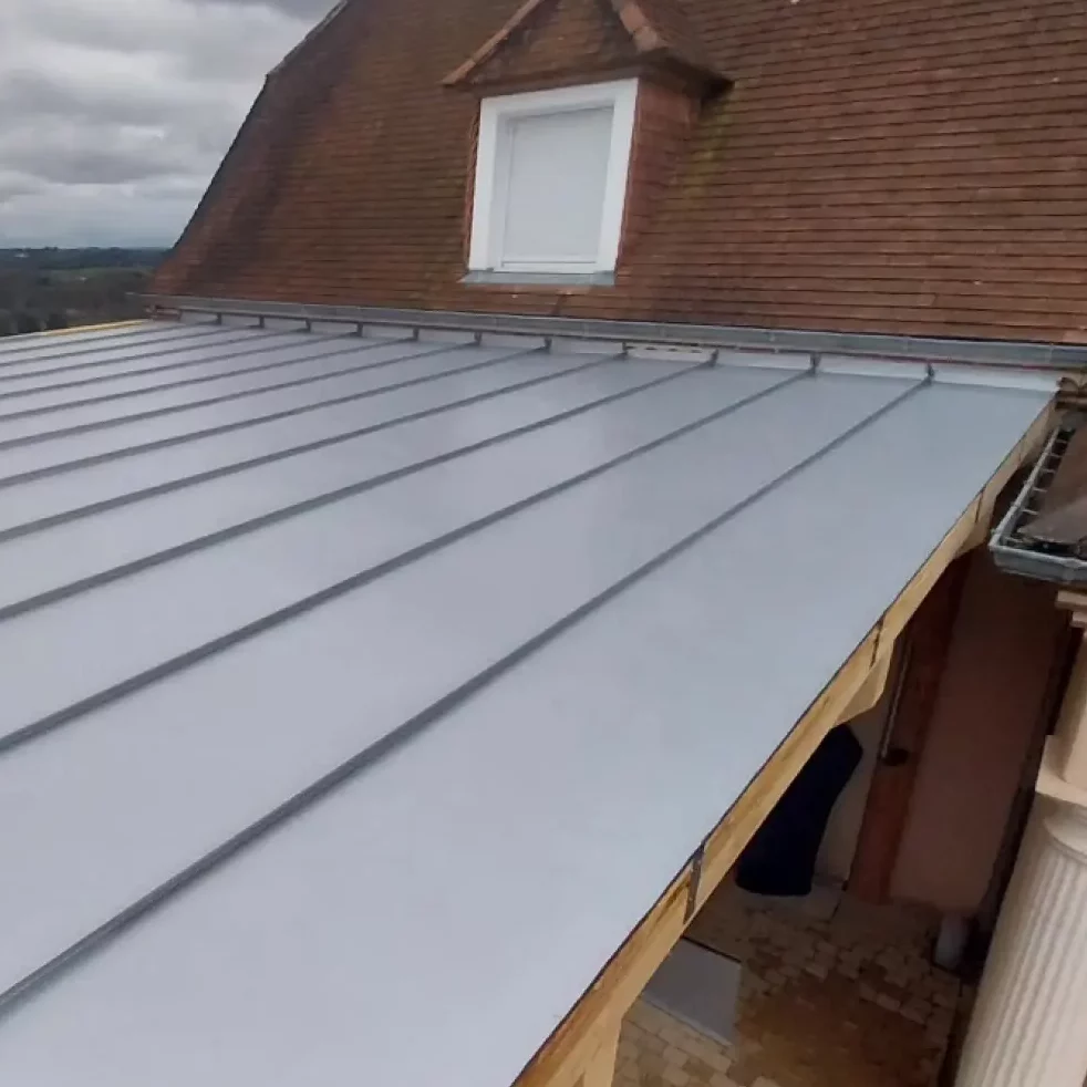 Toiture en zinc à joint debout installée sur une extension de maison, assurant une couverture en zinguerie durable et étanche.